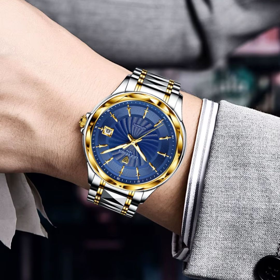 Relógio masculino automático Lige Design Arthurs Gold Blue