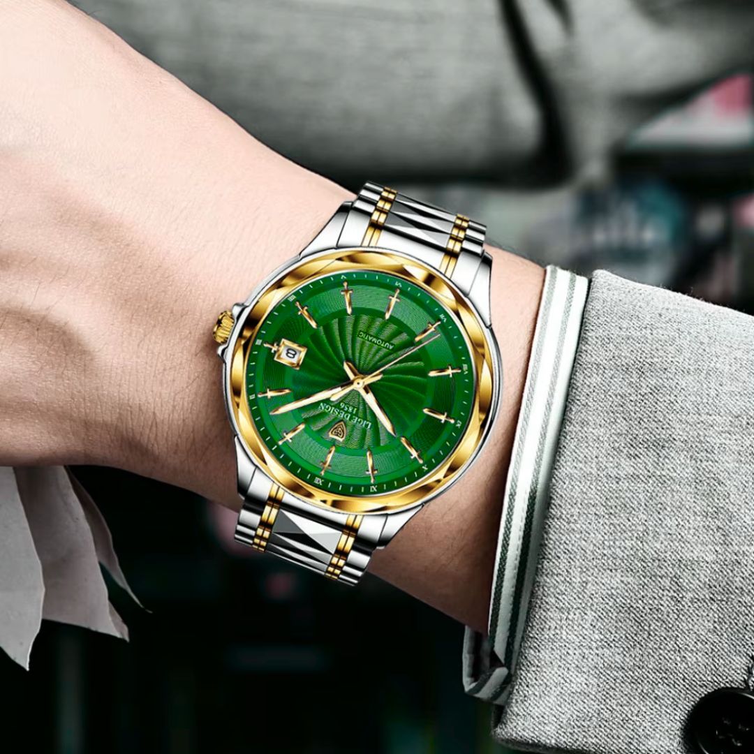 Relógio masculino automático Lige Design Arthurs Gold Green